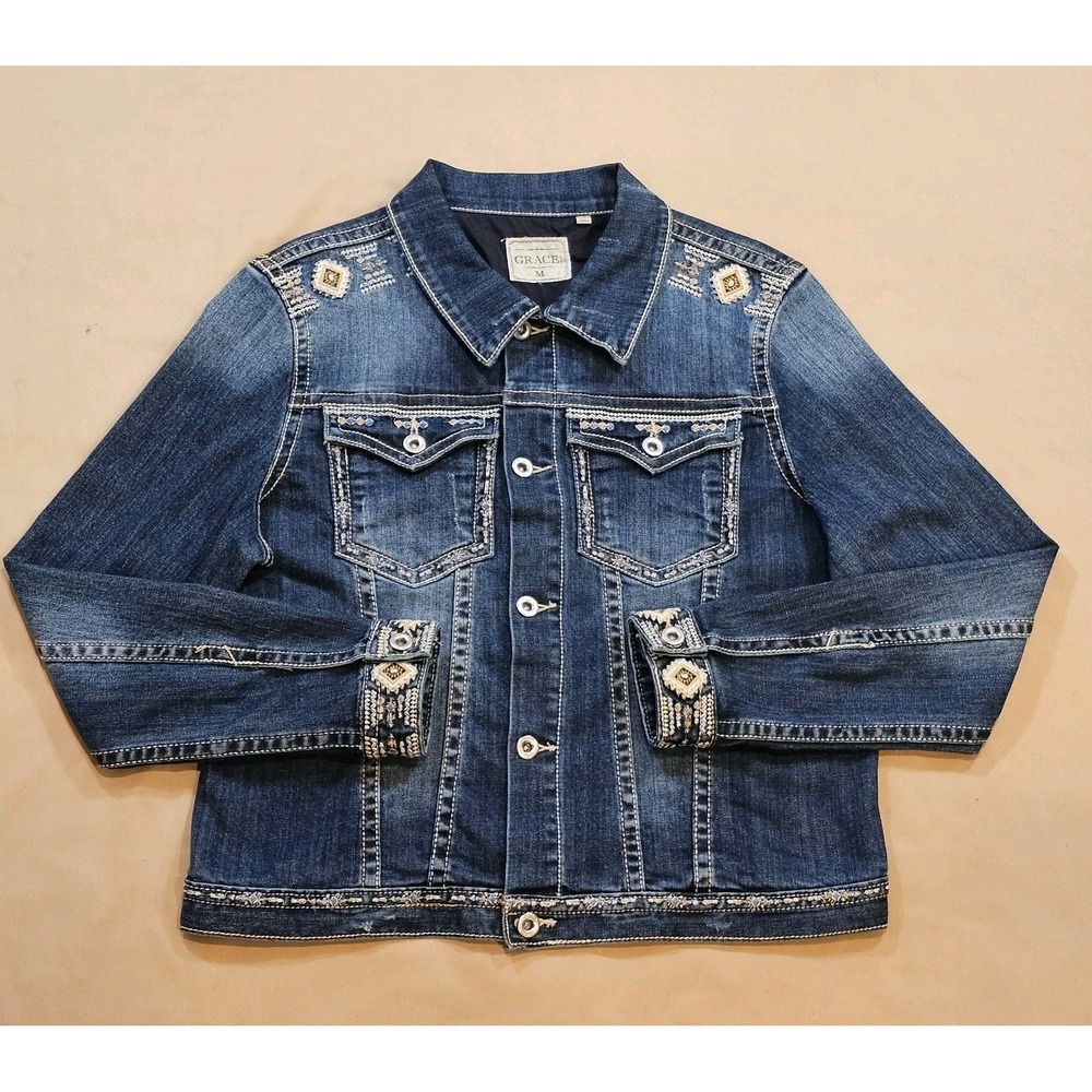 Grace in LA Denim Embroidered Jacket Womens Size M Button-up Flap Pockets